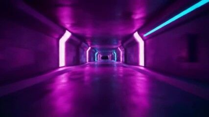 Poster - Futuristic corridor with neon purple and blue lighting. Digital tunnel visualization for voice assistant interface concept. 3D rendering of AI technology pathway.