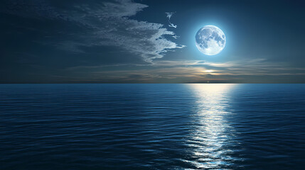 Wall Mural - A serene blue moon illuminates the dark night sky, reflecting softly on calm ocean waters. Midnight Shine. Illustration