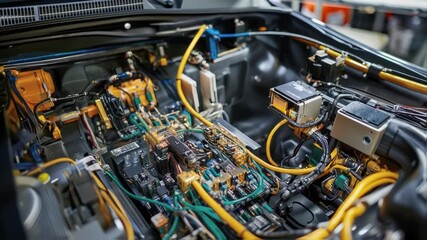 Poster - close up view of an innovative electric car engine showcasing intricate wiring, circuitry, and elect