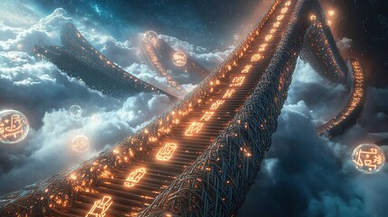 Poster - A colossal staircase of woven metallic beams encrusted with glowing hieroglyphic symbols