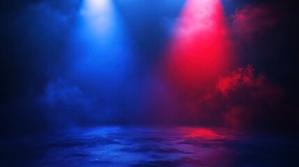 Poster - A stage illuminated by blue and red spotlights, creating a dramatic atmosphere. Perfect for showcasing music, entertainment, theater, dance, or performance events. Ideal for posters, brochures, social