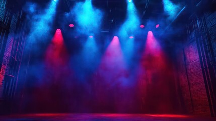 Poster - A stage illuminated by blue and red spotlights, creating a dramatic atmosphere. Perfect for showcasing music, entertainment, theater, dance, or performance events. Ideal for posters, brochures, social