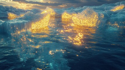 Poster - A crystalline ocean frozen in time where shimmers of glowing golden reflections emit energy while giant fractal icebergs float in suspended animation.