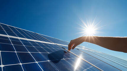 hand adjusting solar panel under bright sun in clear blue sky, representing renewable energy and sus