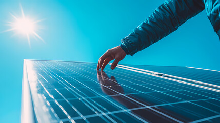 hand adjusting solar panel under bright sun in clear blue sky, representing renewable energy and sus