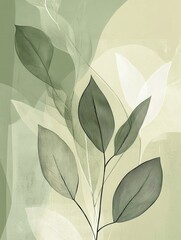 Poster - Elegant botanical line art design featuring soft green background and golden ratio balance for modern eco-friendly aesthetics