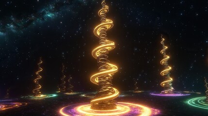 Poster - A floating architecture of glowing spiraling towers that wind infinitely upwards in a dark starfield