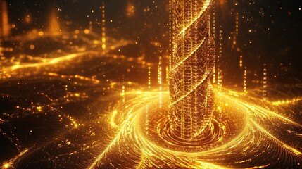 Poster - A fractal-constructed clocktower radiating golden waves of energy