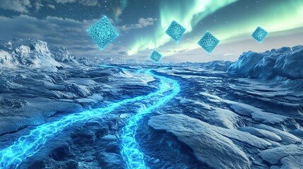 Poster - A fragmented icy wasteland where glowing blue energy veins streak across the surface