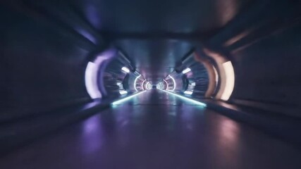 Poster - Futuristic glowing tunnel with purple and blue neon lights. Modern sci-fi corridor for technology concept. Digital virtual reality pathway for AI voice assistant interface visualization.