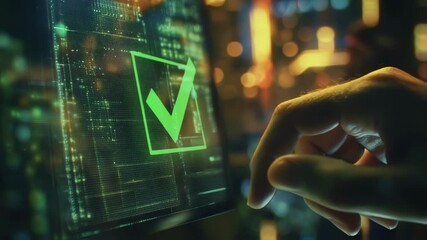 Poster - engineer's hand is touching a futuristic touchscreen, selecting a green check mark, symbolizing succ