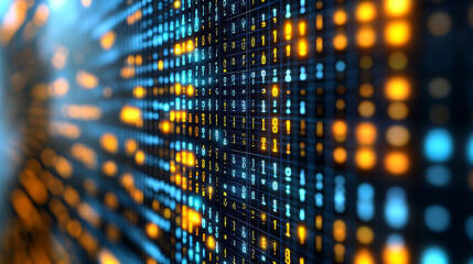 Poster - Dynamic digital code streams in vibrant blue and orange illuminate the screen, symbolizing innovation, technology, and data flow.