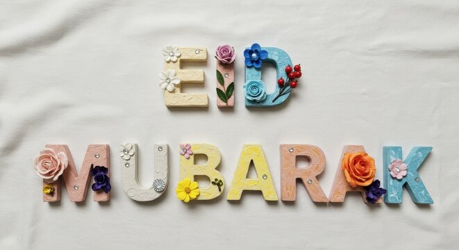 A creative design Eid Mubarak is written with capital letters crafted from painted wood or clay each letter is adorned with delicate flowers leaves and small decorative elements festive look