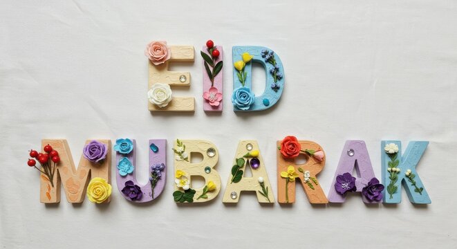 A creative design Eid Mubarak is written with capital letters crafted from painted wood or clay each letter is adorned with delicate flowers leaves and small decorative elements festive look