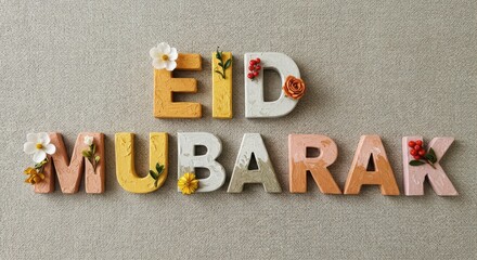 Poster - A creative design for Eid Mubarak written with letters are crafted from painted wood or clay each letter is adorned with delicate flowers leaves and small decorative elements festive look
