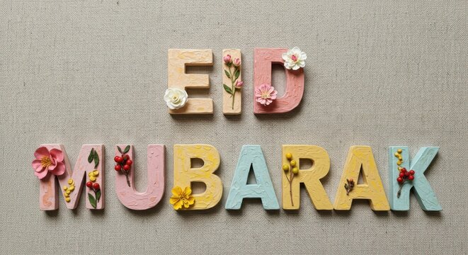 A creative design for Eid Mubarak written with letters are crafted from painted wood or clay each letter is adorned with delicate flowers leaves and small decorative elements festive look
