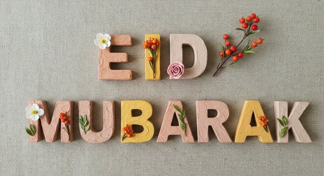 A creative design for Eid Mubarak written with letters are crafted from painted wood or clay each letter is adorned with delicate flowers leaves and small decorative elements festive look