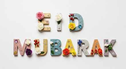 Poster - A creative design Eid Mubarak is written with capital letters crafted from painted wood or clay each letter is adorned with delicate flowers leaves and small decorative elements festive look