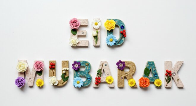 A creative design Eid Mubarak is written with capital letters crafted from painted wood or clay each letter is adorned with delicate flowers leaves and small decorative elements festive look
