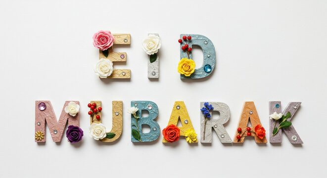 A creative design Eid Mubarak is written with capital letters crafted from painted wood or clay each letter is adorned with delicate flowers leaves and small decorative elements festive look
