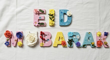 Poster - A creative design Eid Mubarak is written with capital letters crafted from painted wood or clay each letter is adorned with delicate flowers leaves and small decorative elements festive look