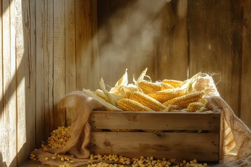 Aufkleber - Rustic farmhouse with freshly harvested corn cobs illuminated by soft morning light