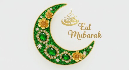 Poster - A gorgeous designed crescent moon in a vibrant green hue is adorned with large faceted gemstones several golden flowers strategically placed around the crescent and Eid Mubarak is written