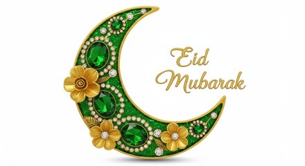 Poster - A gorgeous designed crescent moon in a vibrant green hue is adorned with large faceted gemstones several golden flowers strategically placed around the crescent and Eid Mubarak is written