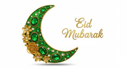 Poster - A gorgeous designed crescent moon in a vibrant green hue is adorned with large faceted gemstones several golden flowers strategically placed around the crescent and Eid Mubarak is written