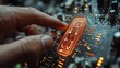 © Mikus - a person's hand touching a circuit board with a finger on it, illuminated by a bright orange light The background is blurred, suggesting the focus is on the person and the circuit board