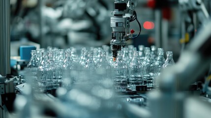 Poster - Automated bottling plant with synchronized robotic arms handling glass containers.