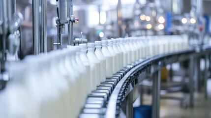 Poster - Automated dairy processing plant with conveyor belts transporting milk cartons for packaging.