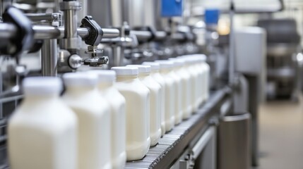 Poster - Automated dairy processing plant with conveyor belts transporting milk cartons for packaging.