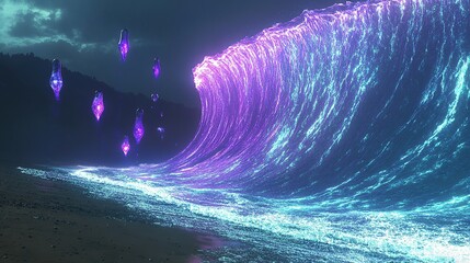 Poster - A glowing plasma tsunami stretching across a vast