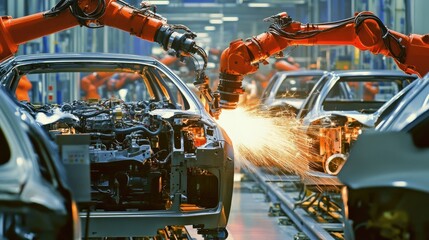Poster - Automotive assembly line with precision robotic arms installing car engines.