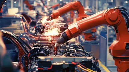 Poster - Automotive assembly line with precision robotic arms installing car engines.