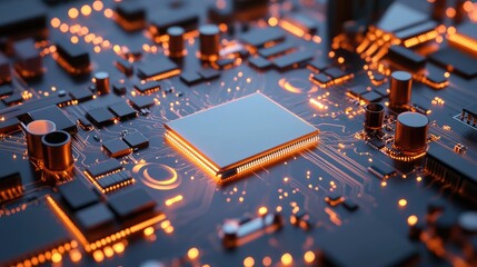 Poster - A D render of a futuristic circuit board with quantum computing elements.