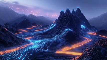 Poster - \A high-tech mountainous landscape forged from futuristic algorithms and metallic terrain
