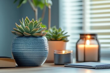 Poster - Cozy workspace with a succulent plant, candlelight, and a notebook on a serene table during a peaceful evening indoors