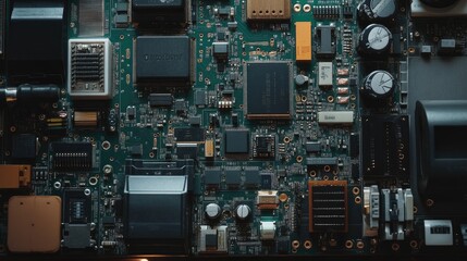 Poster - A creative flat-lay composition of electronic tools and micro components on a dark surface.