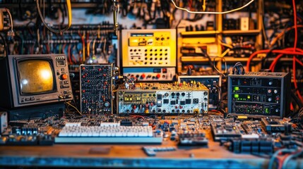 Poster - A detailed close-up of an electronic testing station with oscilloscopes and circuit analyzers.