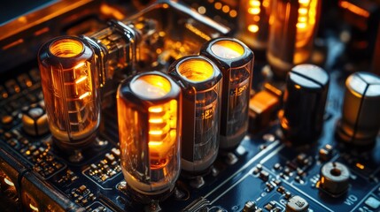 Poster - A detailed macro shot of a circuit board with intricate wiring and glowing electronic components.