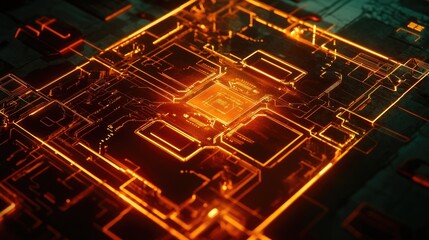 Poster - A digital futuristic concept showing a glowing electronic blueprint with interconnected microchips.