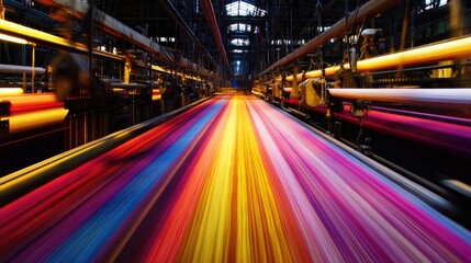 Poster - A dynamic motion blur shot of high-speed industrial weaving looms in a textile manufacturing plant.