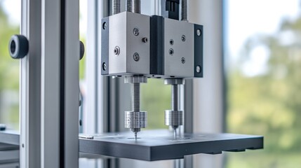 Poster - A fabric quality testing station with precision tools analyzing textile durability, strength, and elasticity.