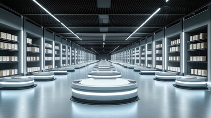 Poster - A futuristic automated warehouse with robotic pickers and conveyor belts sorting packages efficiently.