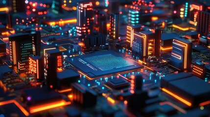 Poster - A futuristic motherboard with holographic data flows and neon-lit circuit connections.