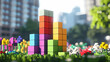 © julio - Pixelated Colorful Building Blocks Structure with Flowers and Green Grass Field in Bright Sunlight