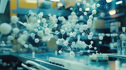 Poster - A futuristic rendering of pharmaceutical AI, with virtual molecular structures floating above a research table.