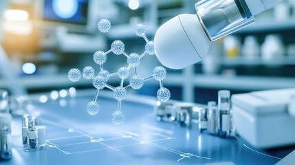 Poster - A futuristic rendering of pharmaceutical AI, with virtual molecular structures floating above a research table.